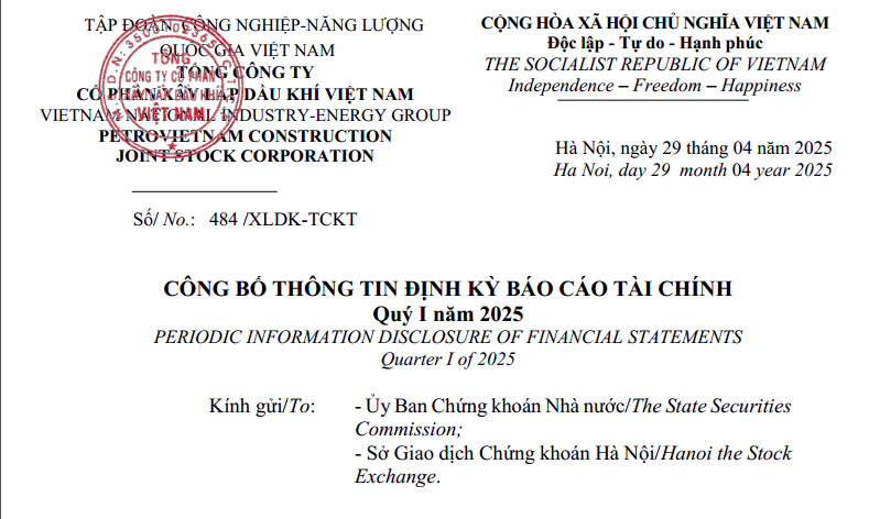 PVX Công bố thông tin Báo cáo tài chính Công ty Mẹ quý I năm 2025